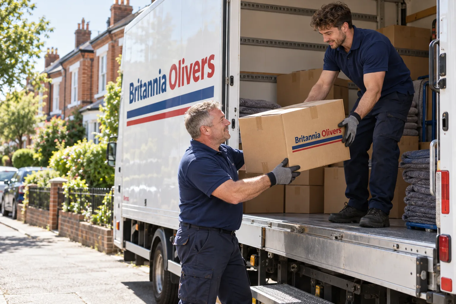 Britannia Olivers crew member loading boxes into a van beside a York terraced street