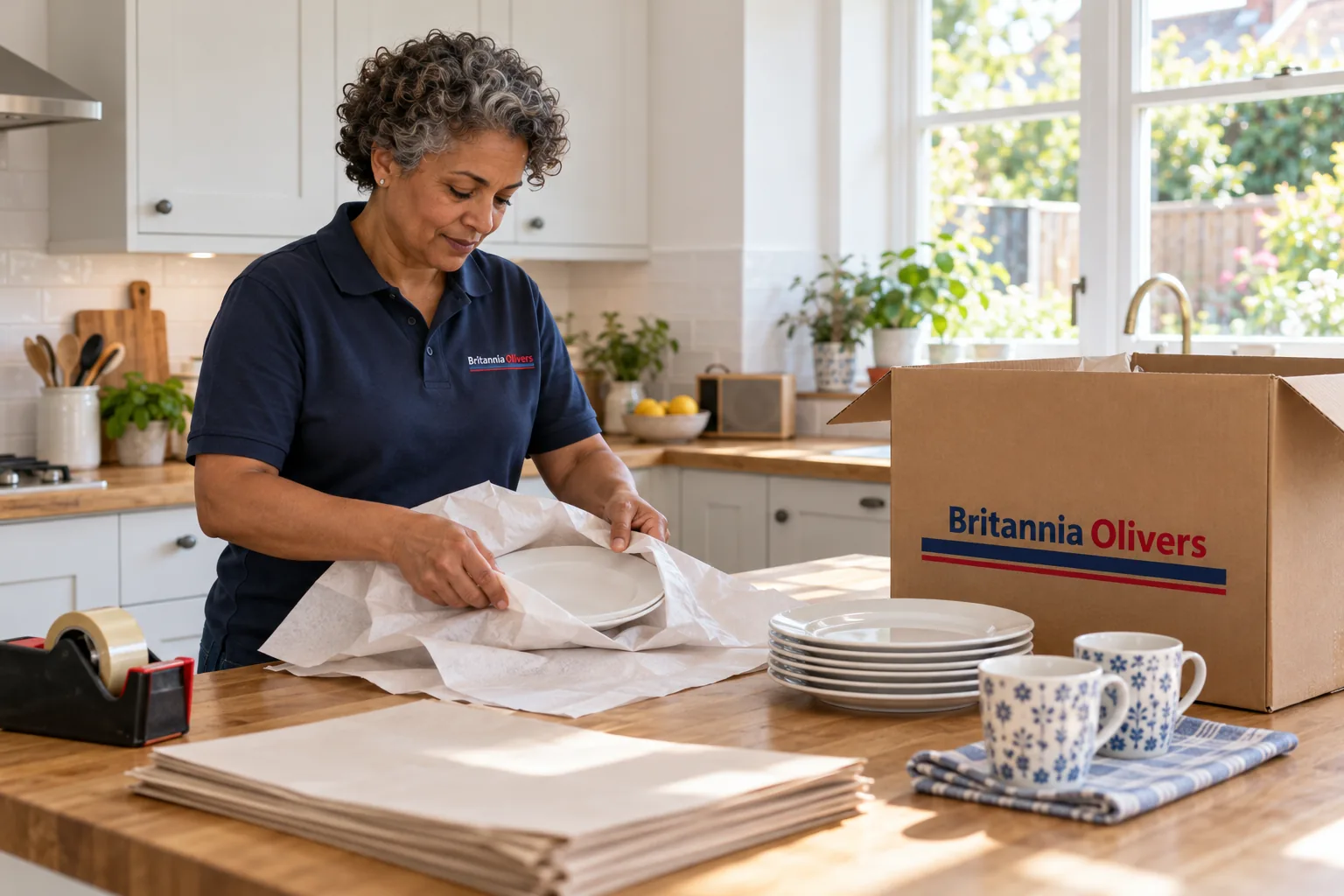 Plates being wrapped in paper at a kitchen table ready for packing