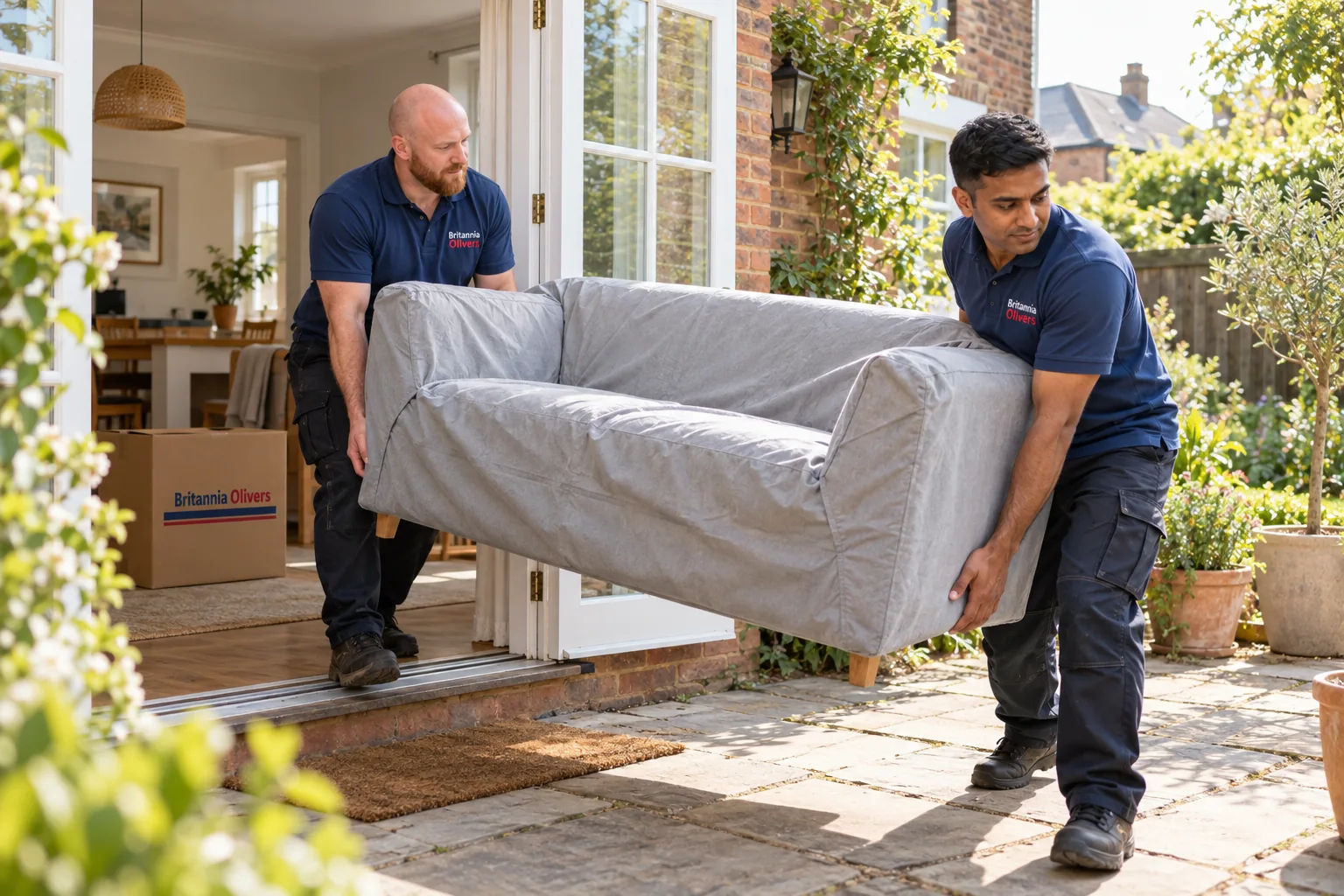 Removals crew carrying a protected sofa through a front door