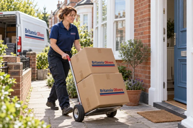 A mover wheeling stacked Britannia Olivers boxes along a residential path