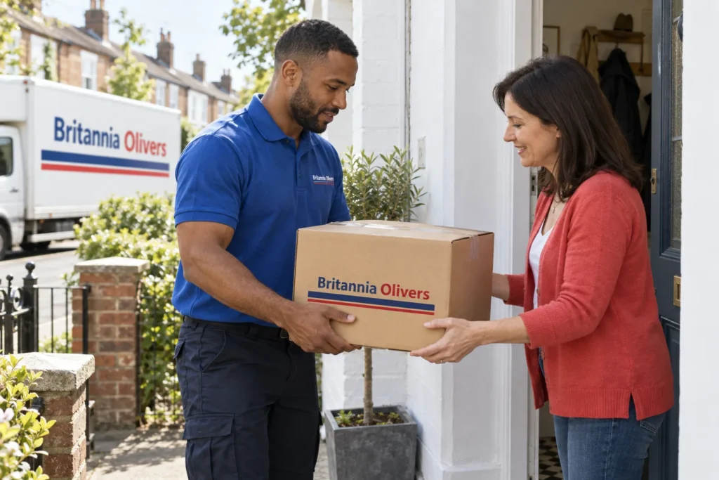 A Britannia Olivers box being handed to a homeowner at her front door