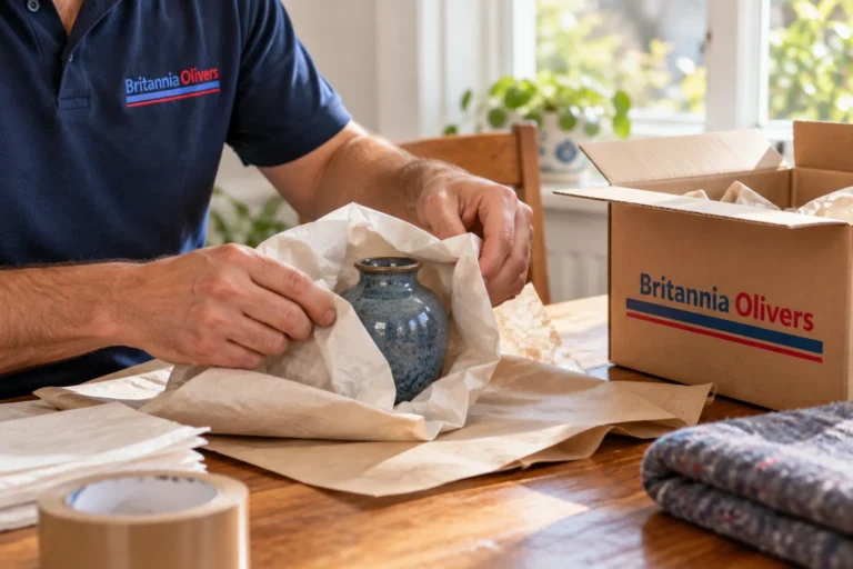 A vase being wrapped in tissue paper to protect it for the move