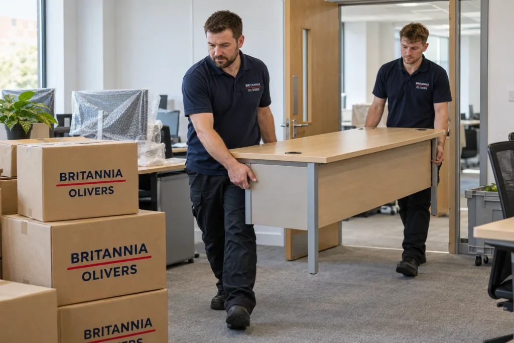 Illustrative office move: crew carrying a desk beside Britannia Olivers boxes.