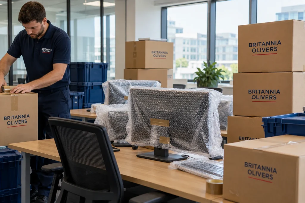 Illustrative crates and wrapped monitors alongside Britannia Olivers boxes during an office move.