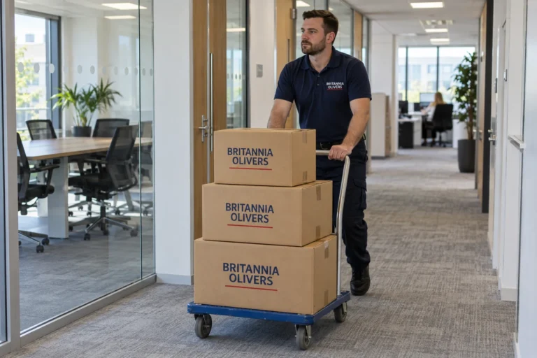 Illustrative office move: a crew member taking Britannia Olivers boxes along a corridor.