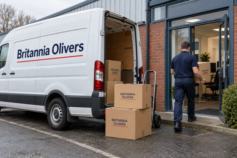Illustrative business unit with a Britannia Olivers van outside during an office move.