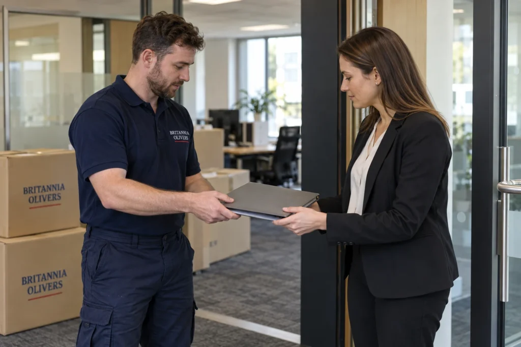 Illustrative business contact with a crew member at an office entrance.