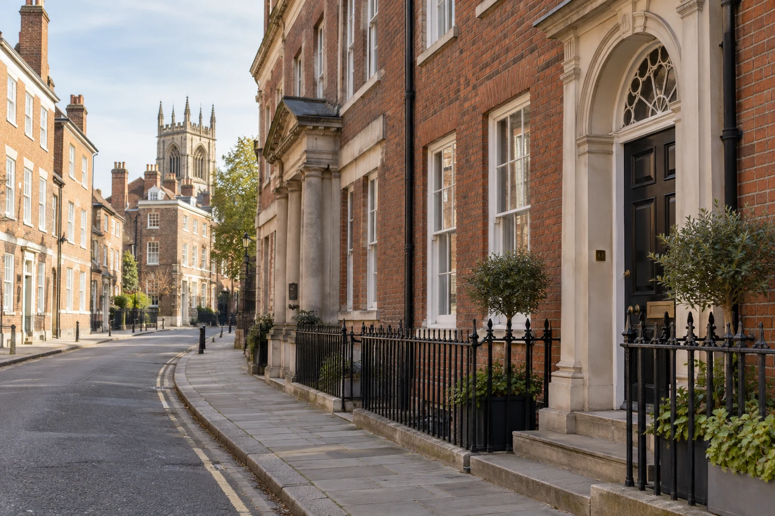 Illustrative brick buildings and stone doorways along a street.